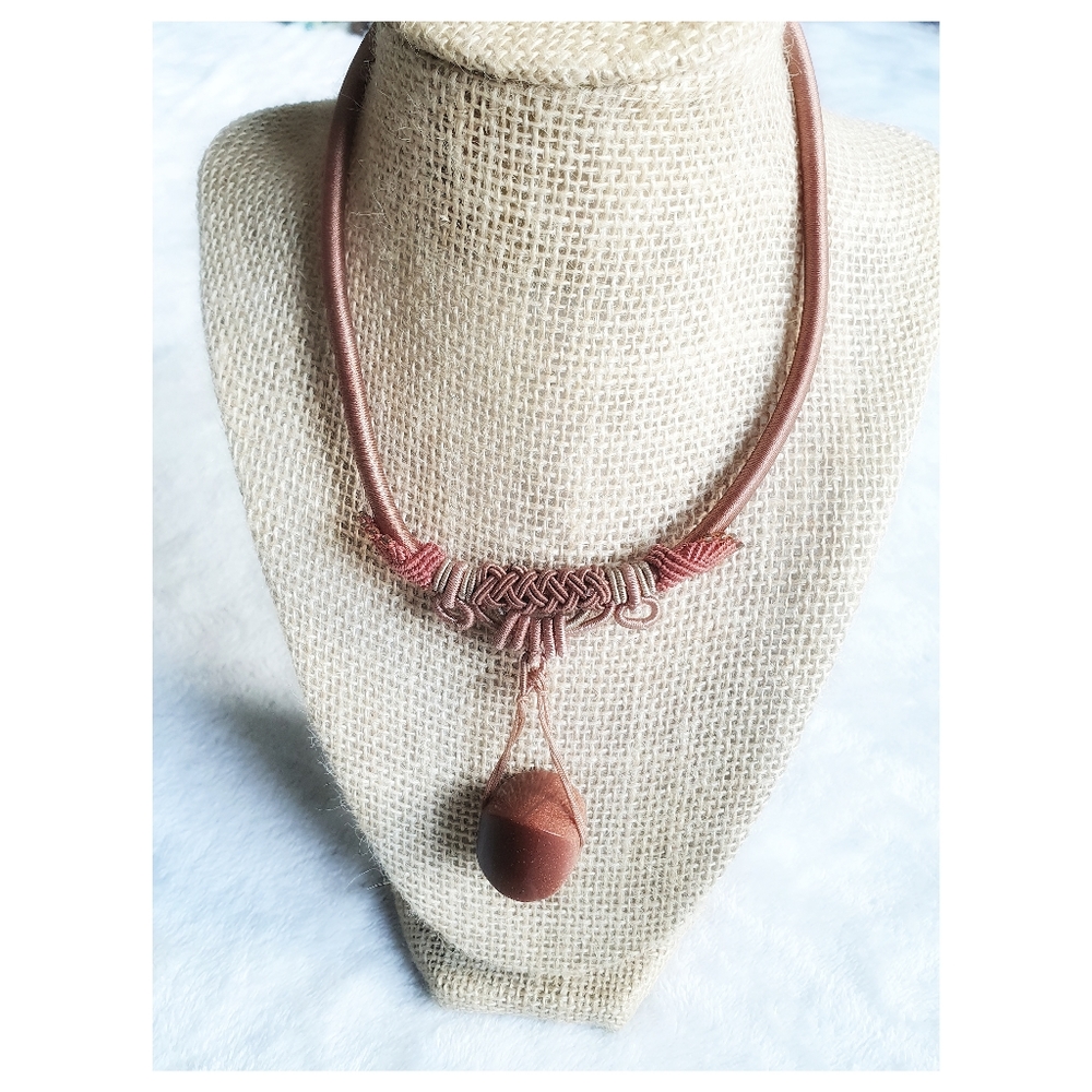 Handmade Goldstone pendant  textile strap necklace